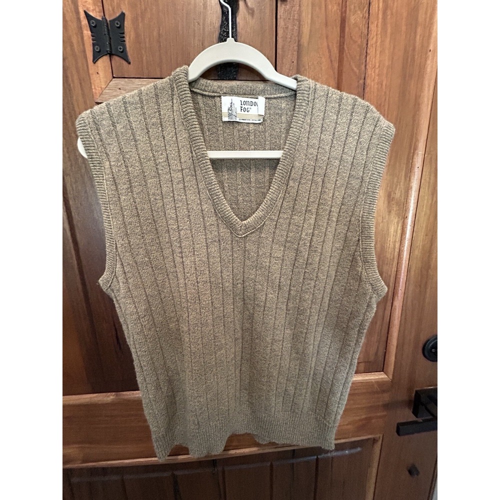 Vintage London Fog Sweater Vest Men's Sz L Tan Knit Ribbed USA made 90s